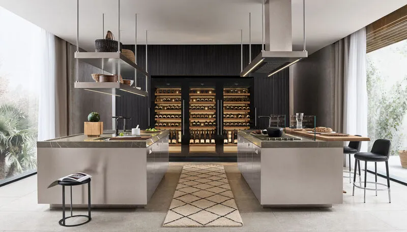 Moderne Küche in Grau und Schwarz mit Arbeitsplatte aus Keramik Beton Anthrazit 12mm von Arclinea