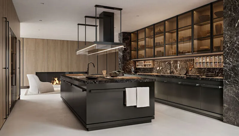 Moderne Küche in Schwarz mit Marmor und Holzakzenten, Arbeitsplatte aus Massivholz von Arclinea