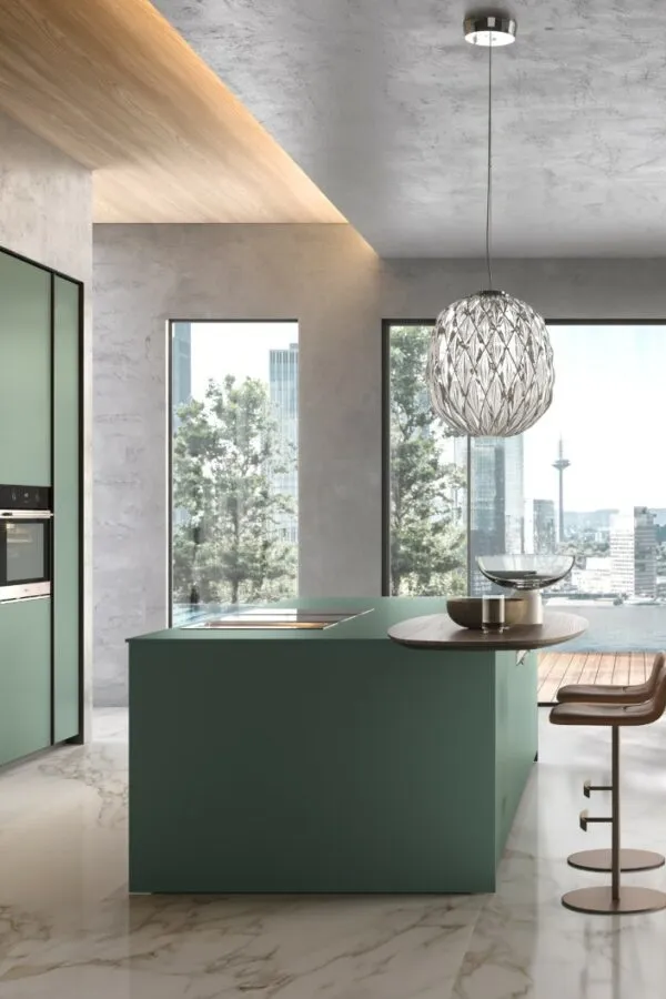 Moderne Küche in Salbeigrün Seidenmatt mit Arbeitsplatte aus Rosa Portogallo Marmor poliert 20mm von Aster Cucine