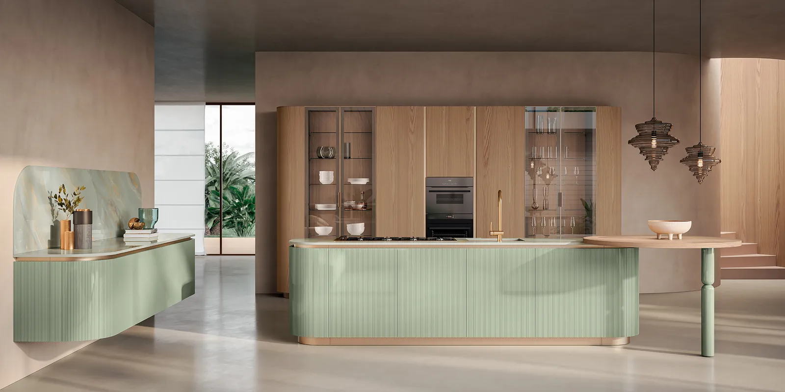 Moderne Küche in Salbeigrün und Eiche natur mit Arbeitsplatte aus Schwarzwald-Granit gebürstet 30mm von Aster Cucine