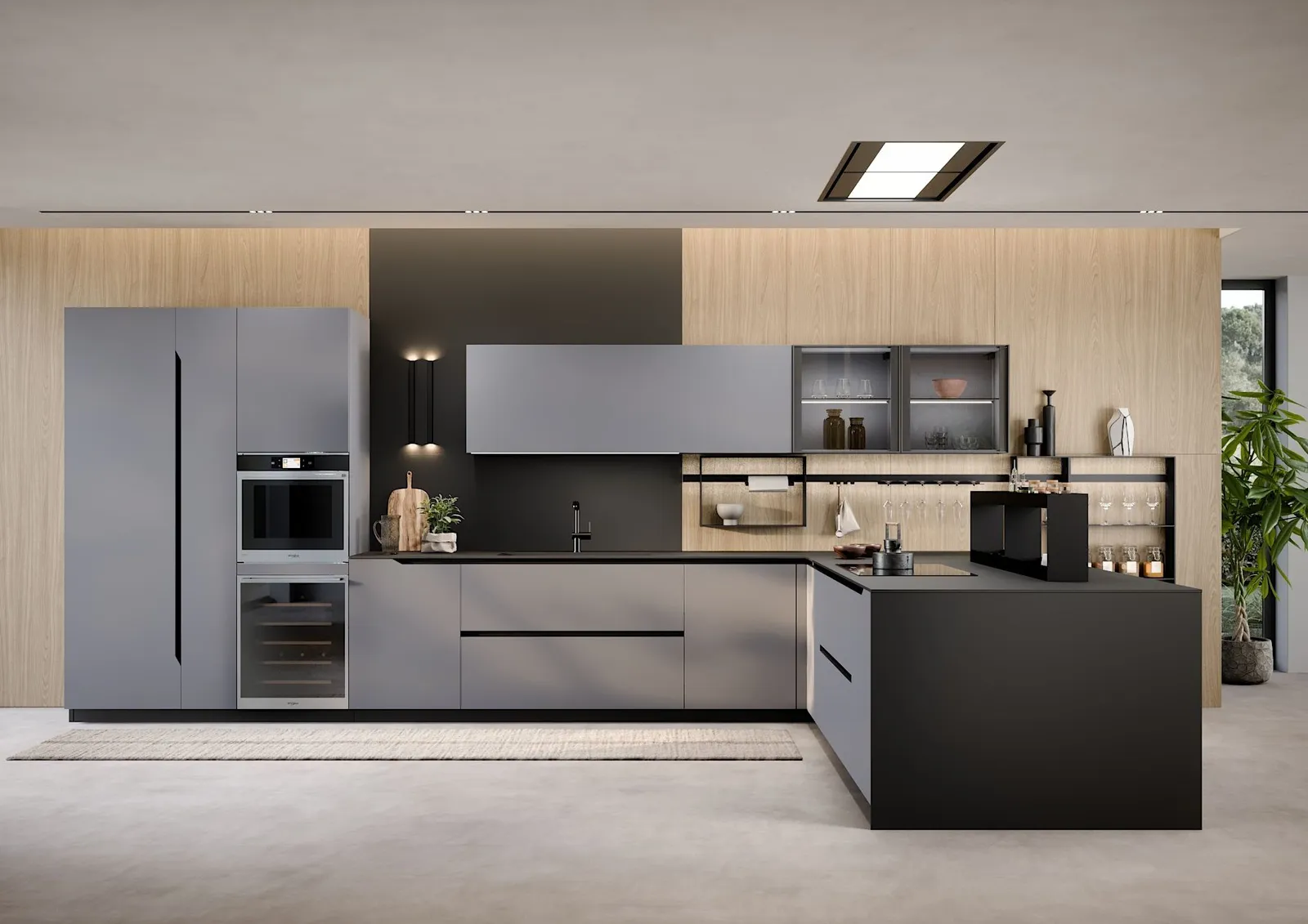 Moderne Küche in Grau Taupe matt mit Arbeitsplatte aus Keramik Schwarz matt von Berloni