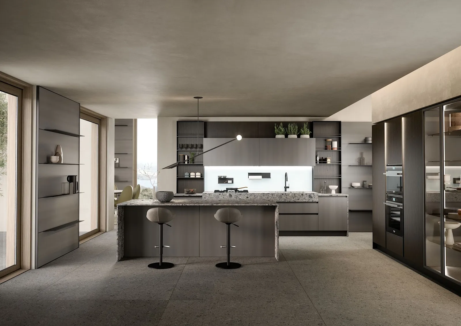 Industrial-Küche in Grau matt mit Terrazzo-Grau, Arbeitsplatte aus Naturstein Terrazzo grau von Berloni