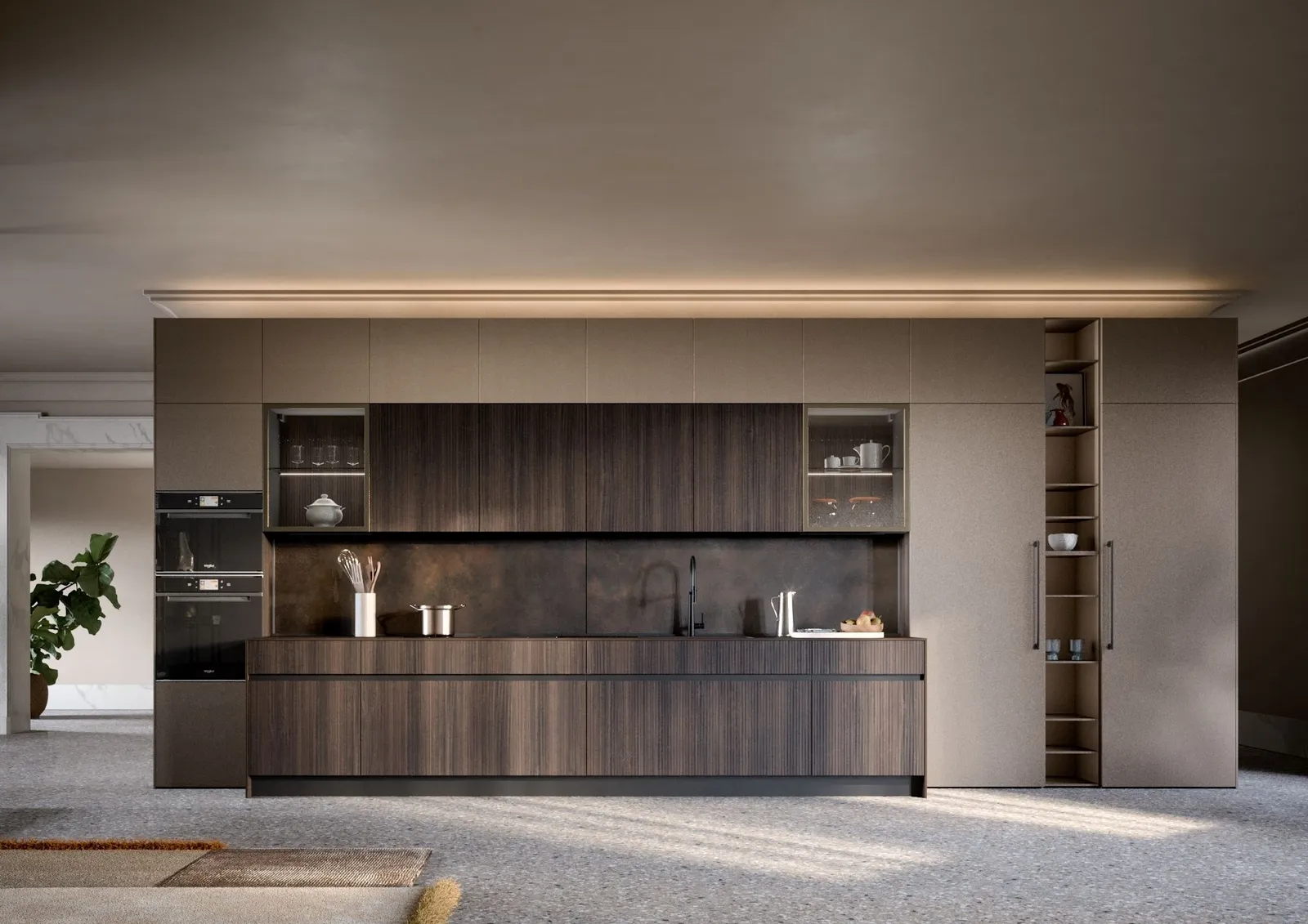 Skandinavische Küche in Taupe und Walnussbraun mit Arbeitsplatte aus Verbundwerkstoff dunkel 20mm von Berloni