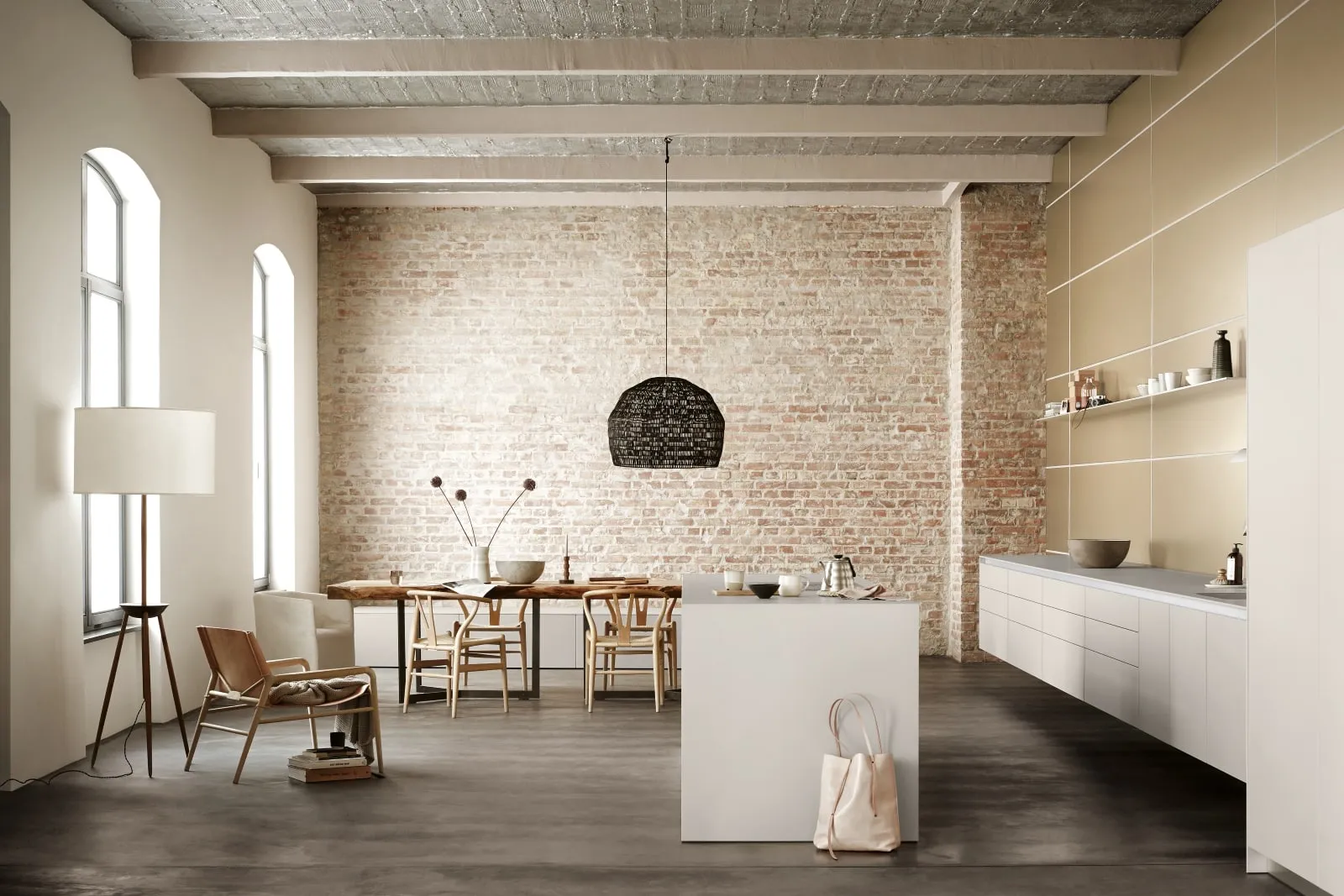 Moderne Küche mit Kochinsel in Weiß/Creme matt Laminat mit Arbeitsplatte aus Hellgrau von Bulthaup