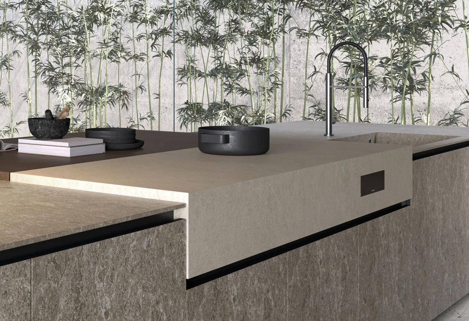 Industrial-Küche in Hellbeige mit Betonoptik, Arbeitsplatte aus Feinsteinzeug Betonoptik hell von Comprex