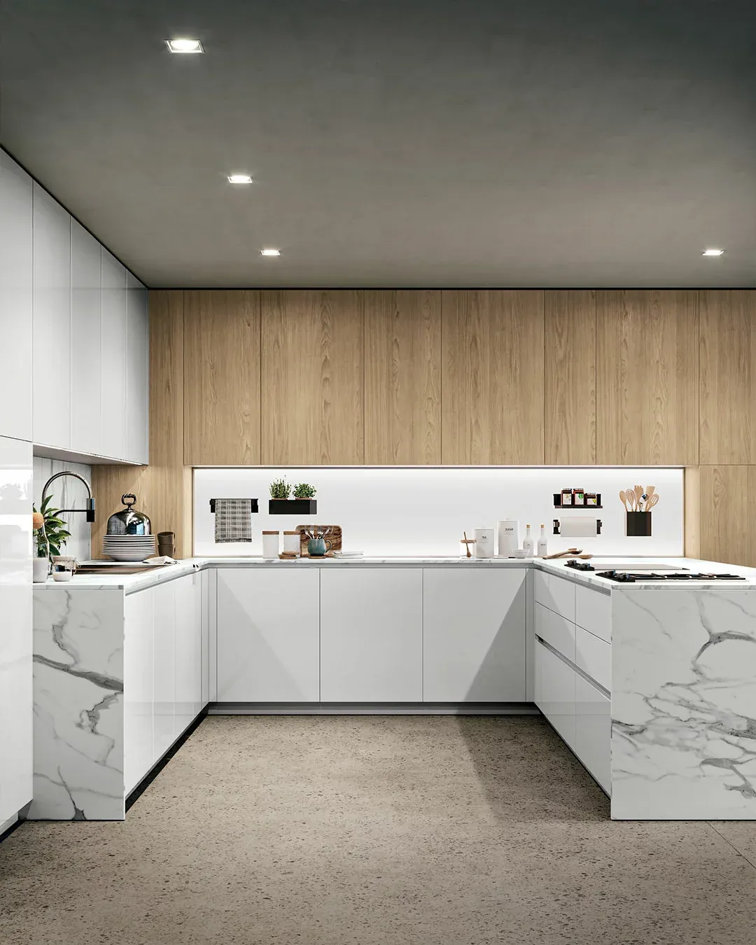 Minimalistische Küche in Weiß und Holz mit Arbeitsplatte aus Mineralwerkstoff Dekton von Doimo Cucine