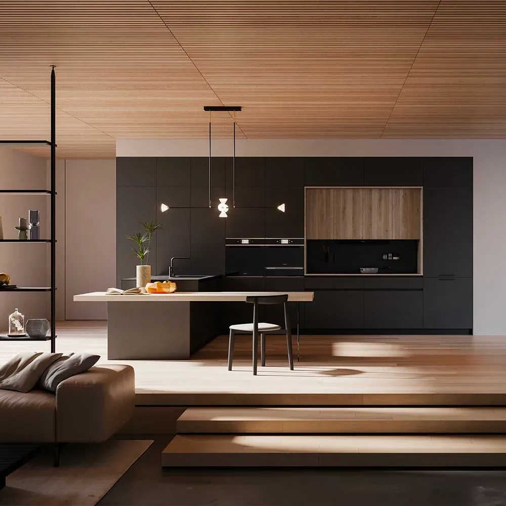Landhausküche in Schwarz und Braun mit Arbeitsplatte aus Massivholz Eiche 40mm geölt von Doimo Cucine