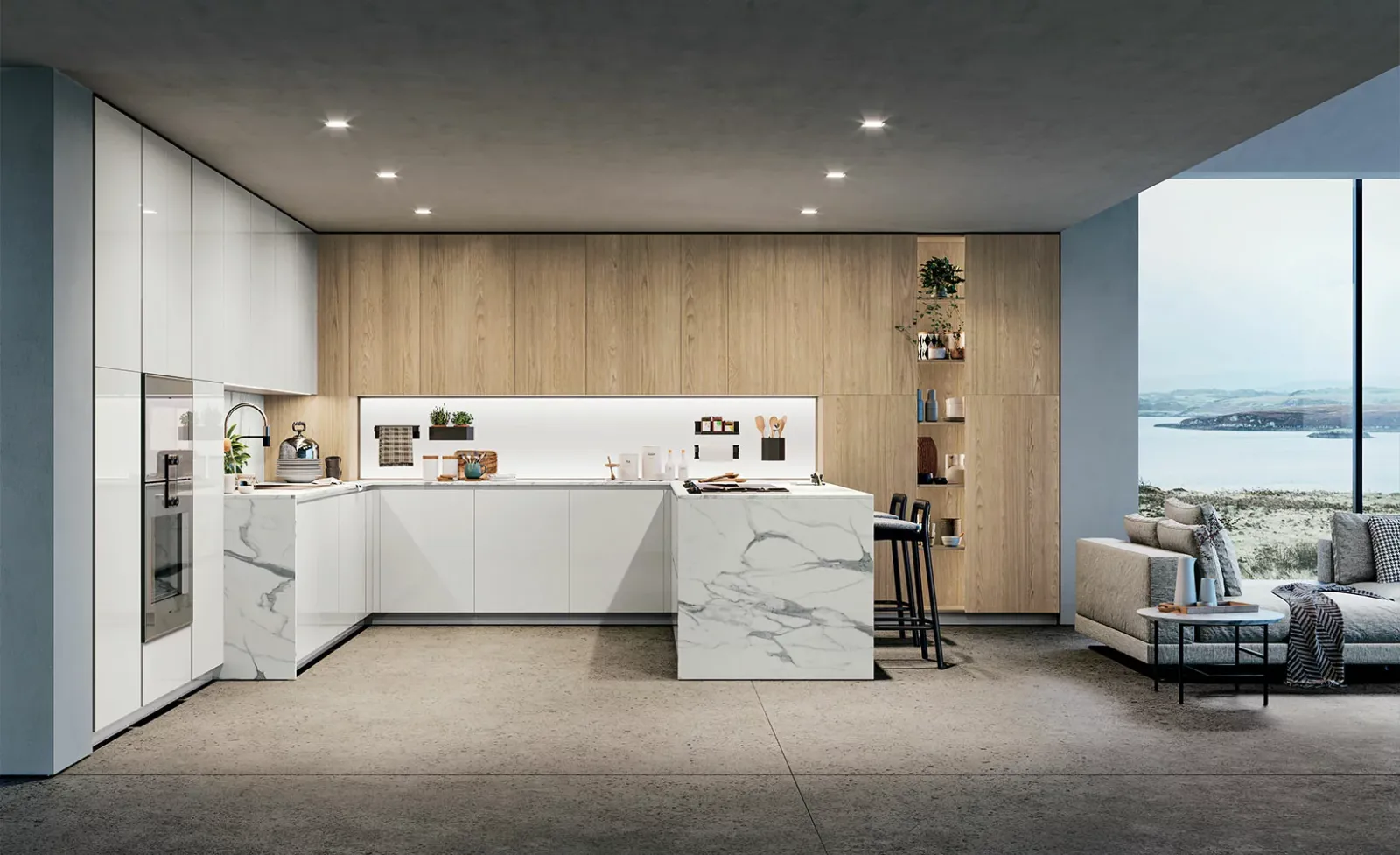 Landhausküche in Weiß und Holz mit Arbeitsplatte aus Massivholz von Doimo Cucine