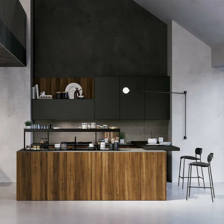 Moderne Küche mit Kochinsel in Schwarz und Braun mit Arbeitsplatte aus Laminat in Anthrazit-/Betonoptik von Doimo Cucine
