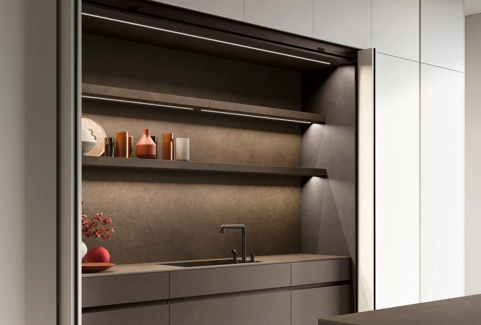 Industrial-Küche in Braun/Taupe strukturiert (Betonoptik) mit Arbeitsplatte aus Braun/Taupe Betonoptik matt von Euromobil