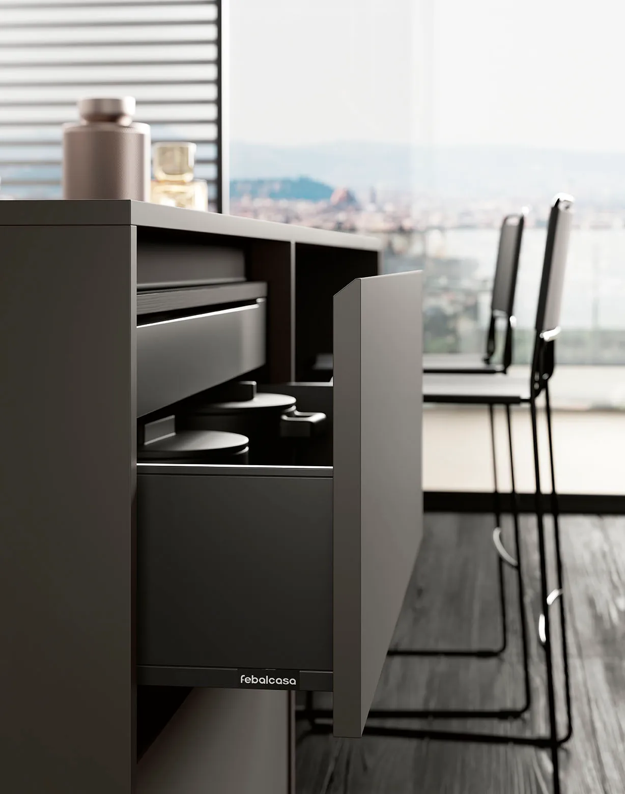 Offene Küche in Cappuccino-Matt mit Arbeitsplatte aus Schichtstoff in Beton-Optik von Febal