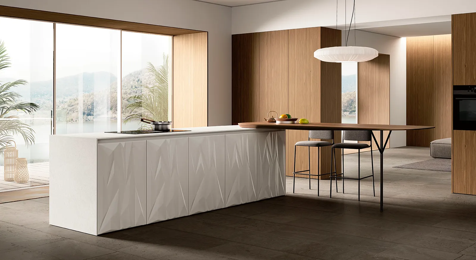 Moderne Küche mit Kochinsel in Weiß hochglanz, Dunkelgrau, Cognacbraun mit Arbeitsplatte aus Keramik Nero Marquina 12mm von Febal