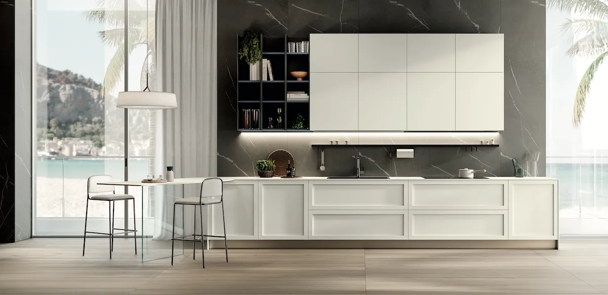 Moderne Küche in Olivgrün N540 matt recycelt mit Arbeitsplatte aus Recycling-Quarz Terrazzo-Optik von Febal