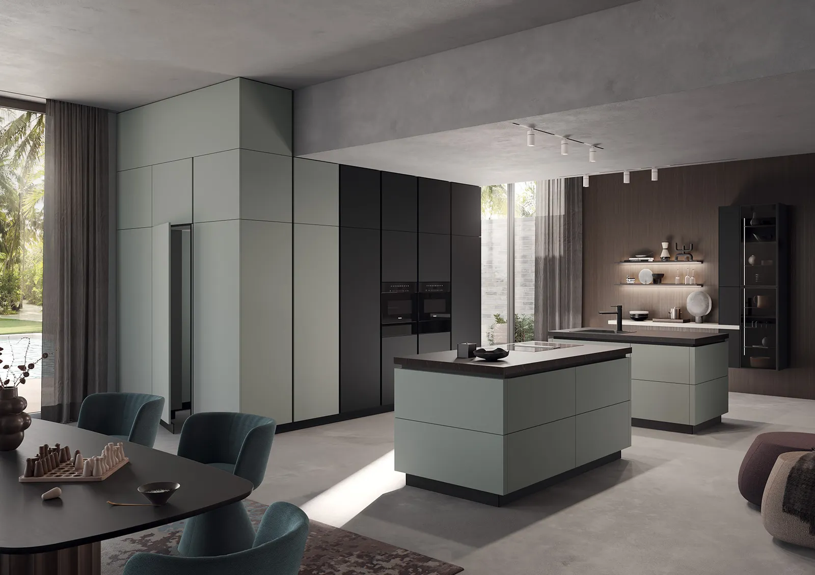 Moderne Küche mit Kochinsel in Eukalyptus und Schwarz matt mit Arbeitsplatte aus Dekton Aura 15 12mm fugenlos von Häcker