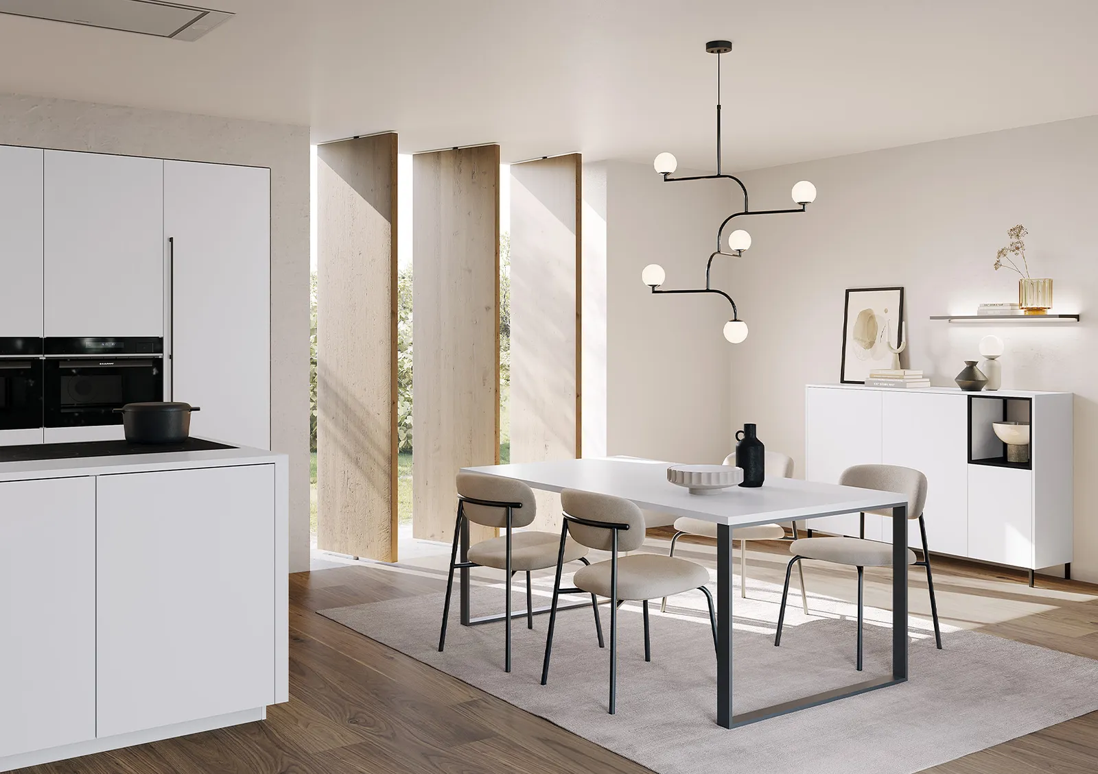 Moderne Küche mit Kochinsel in Weiß matt mit Marmor-Optik, Arbeitsplatte aus Keramik Bianco Carrara 20mm Buchmatch von Häcker