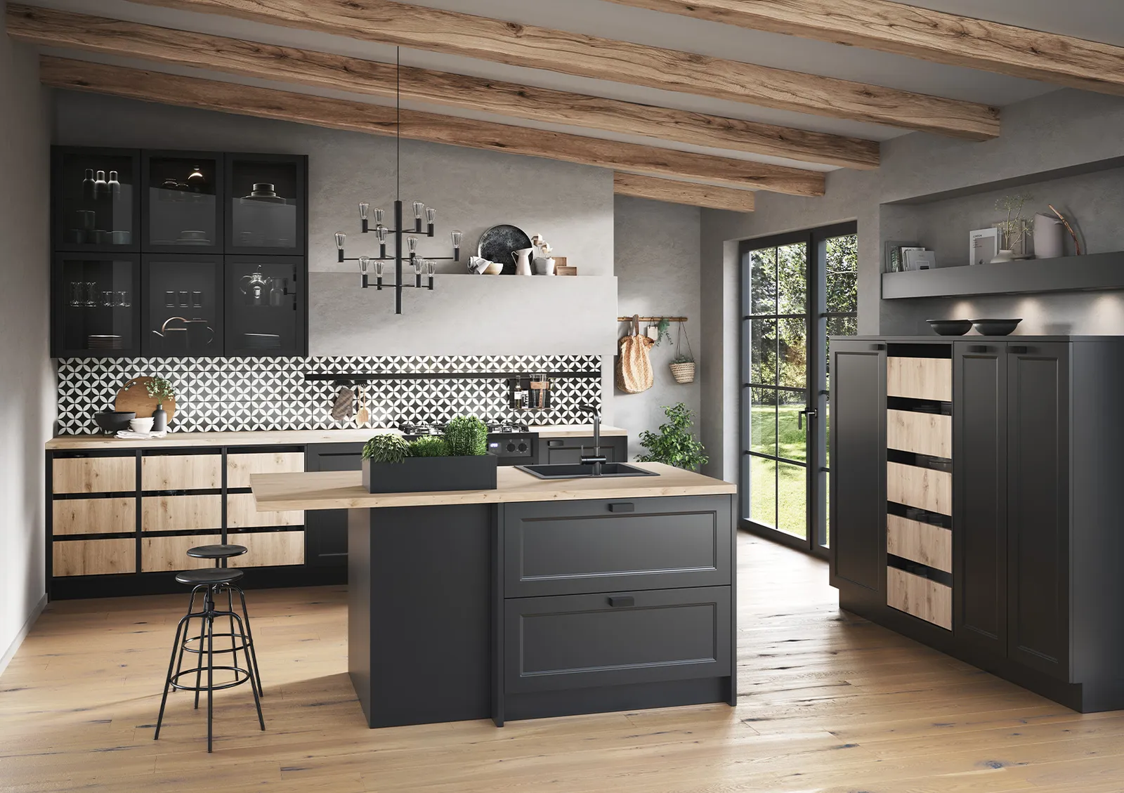 Moderne Küche mit Kochinsel in Schwarz matt, Nussbaum natur mit Arbeitsplatte aus Holz hell geölt mit LED-Beleuchtung von Häcker