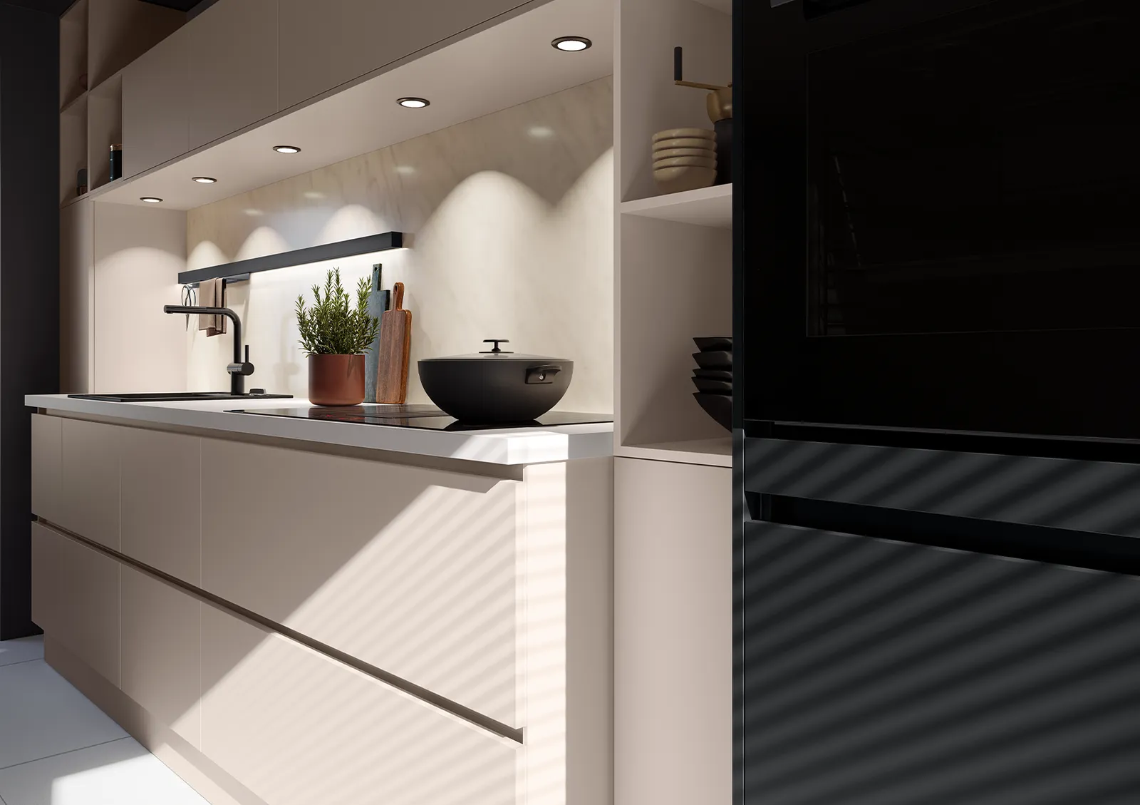 Minimalistische Küche in Weiß Hochglanz mit Arbeitsplatte aus Quarzstein Bianco Statuario 20mm von Häcker