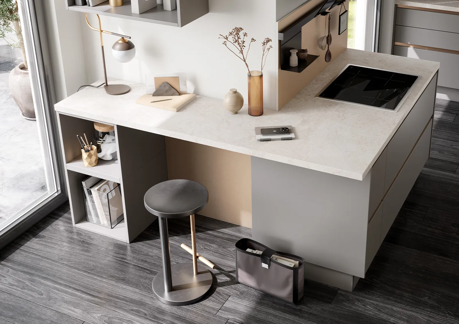 Minimalistische Küche mit Kochinsel in Grau Beton mit Arbeitsplatte aus Schiefer Schwarz strukturiert von Häcker