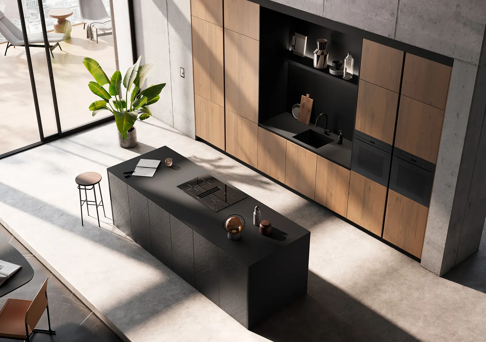 Industrial-Küche in Schwarz matt mit Arbeitsplatte aus Sichtbeton 40mm massiv von Häcker