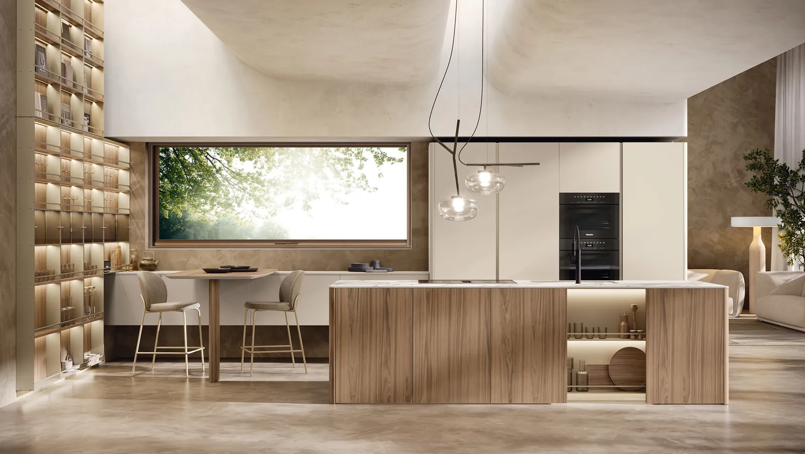 Moderne Küche in Creme/Weiß matt (Hochschränke), Nussbaum-Holzoptik (Kochinsel) – nicht Greige/Taupe laut Foto mit Arbeitsplatte aus Weiße Marmoroptik auf der Kochinsel sichtbar von Lube