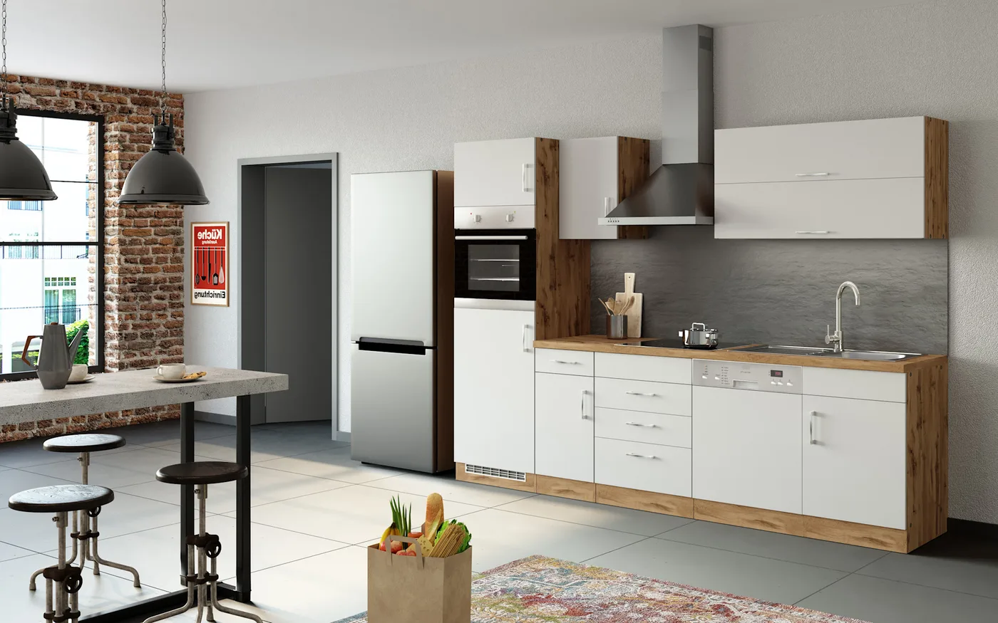 Weiße Loftküche mit Holzdekor-Elementen und offenem Wohnbereich