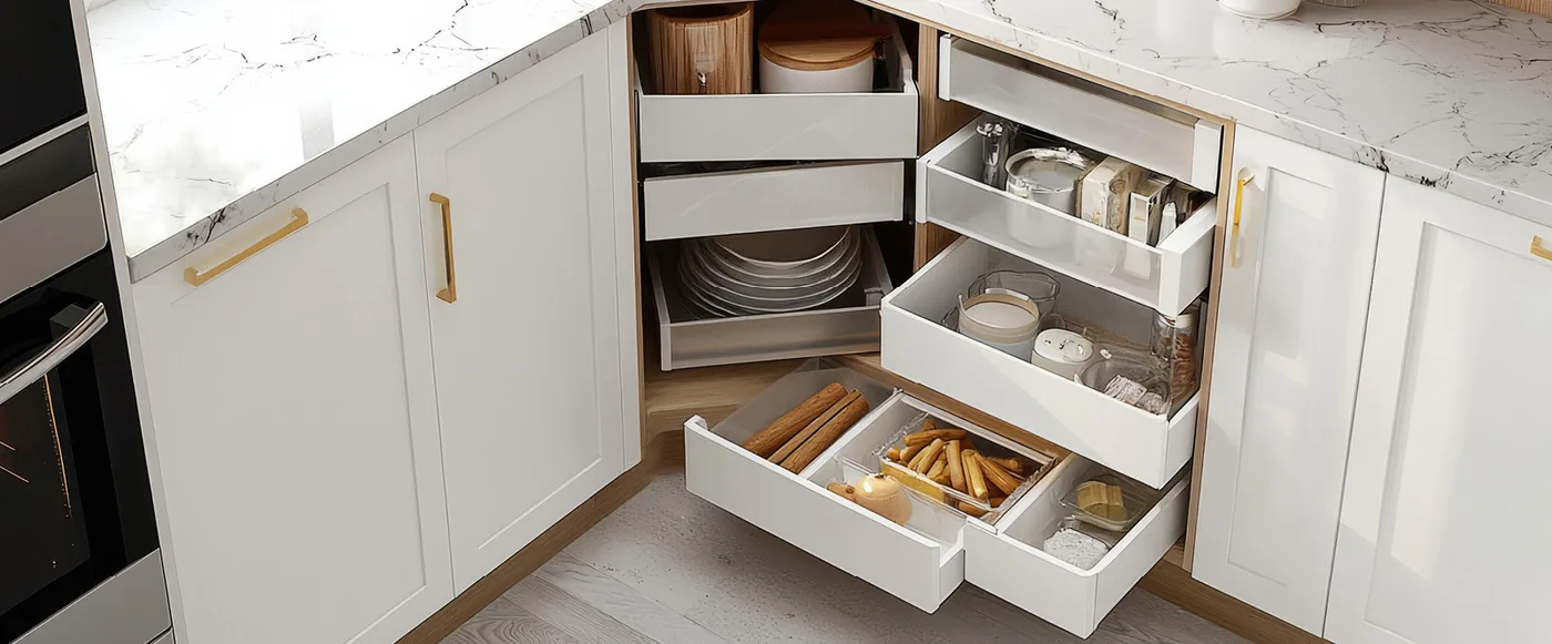Weiße Küche mit geöffneten Eckauszügen und Innenorganisation