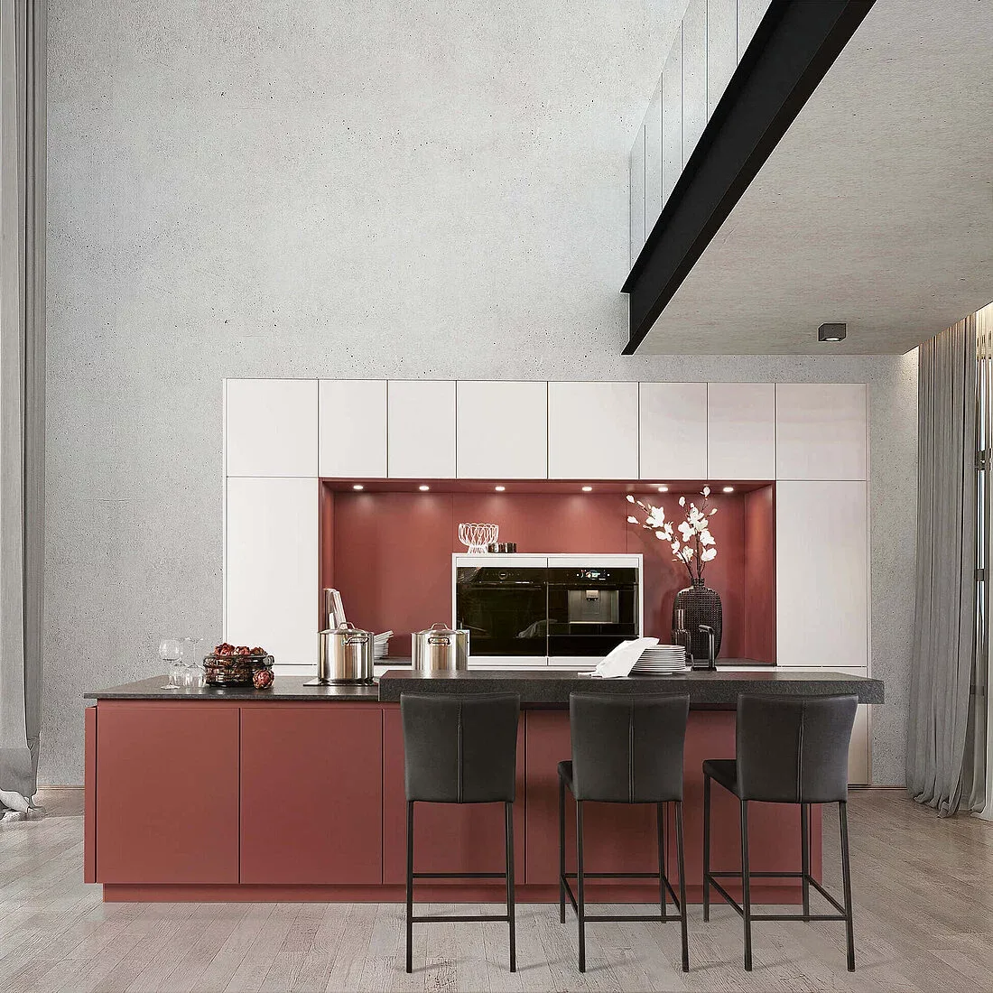 Musterring Metro Style – L-Küche mit Theke Graphit – Terrakotta/Rostrot mit Weiß und Grau