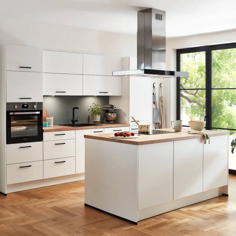 Moderne Küche in Steingrau UT225 matt mit Arbeitsplatte aus Keramik Beton anthrazit 12mm von Nobilia Elements