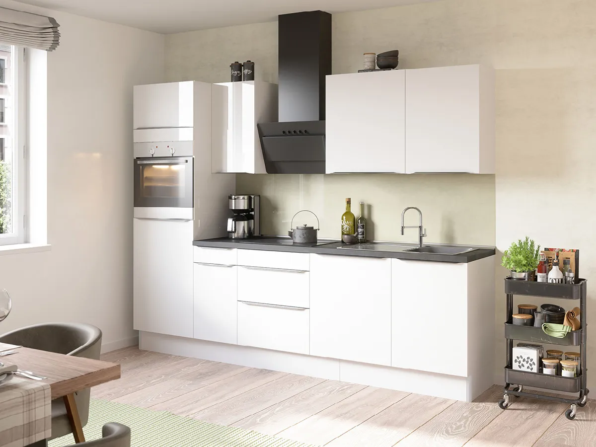 Moderne Küche in L-Form in Weiß matt mit Arbeitsplatte aus Schichtstoff Beton-Optik 38mm von Optifit