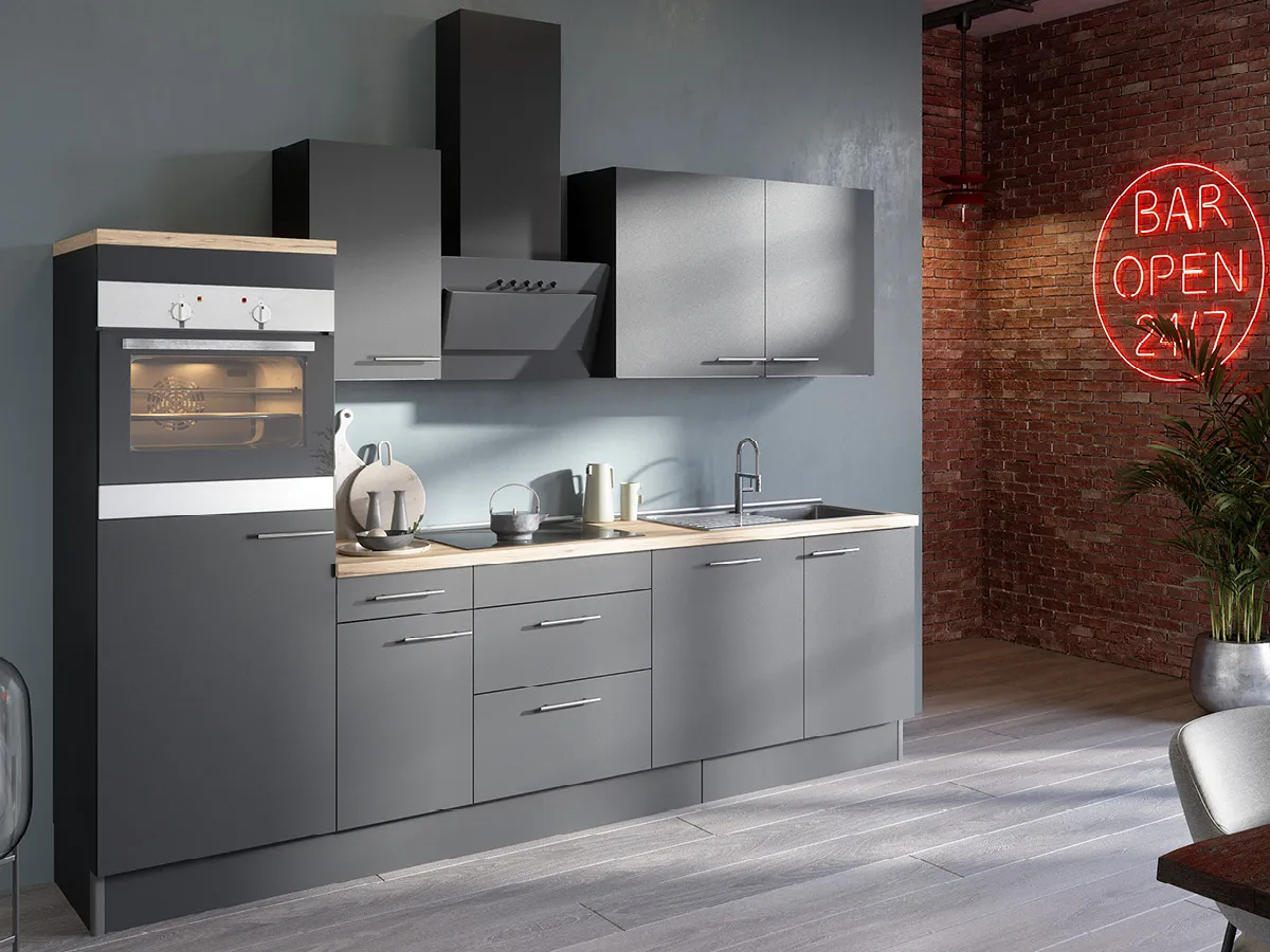 Industrial-Küche in Grau Metallic Matt mit Arbeitsplatte aus Helle Holzoptik (60 mm) von Optifit