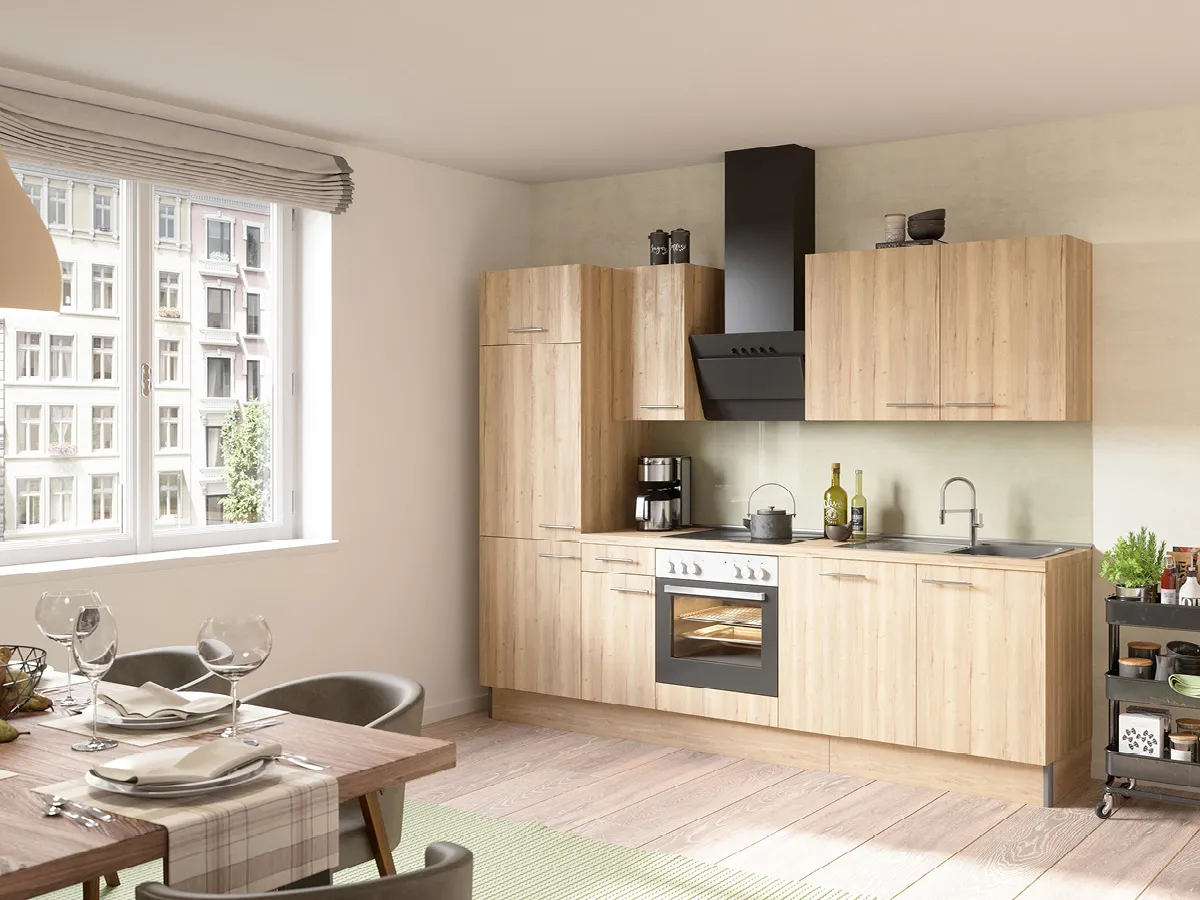 Landhausküche in Sonoma Eiche mit Arbeitsplatte aus Holz-Optik Beige (60 mm) von Optifit