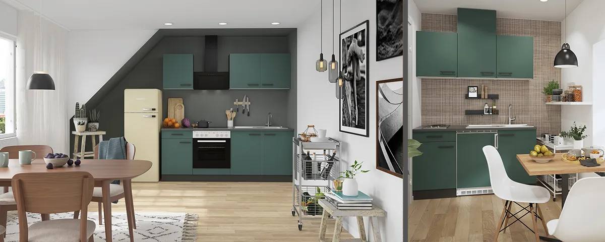 Landhausküche in Magnolia matt mit Kassettenfräsung, Arbeitsplatte aus Schichtstoff Eiche Natur 38mm von Optifit
