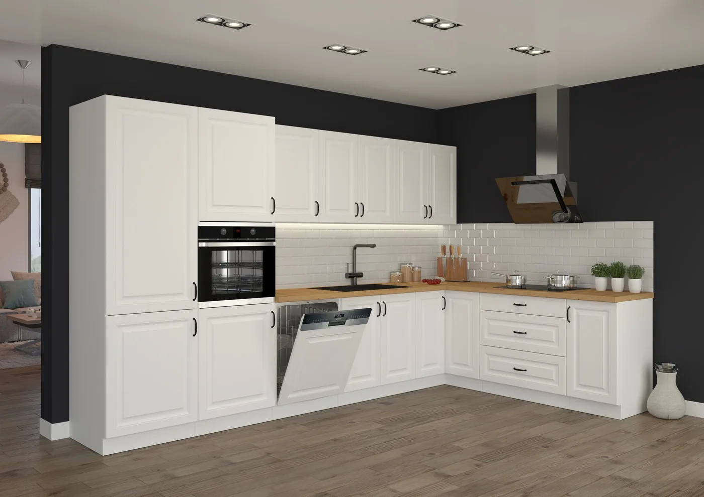 Weiße L-Küche im Landhausstil mit Fliesenspiegel, Backofen und Geschirrspüler
