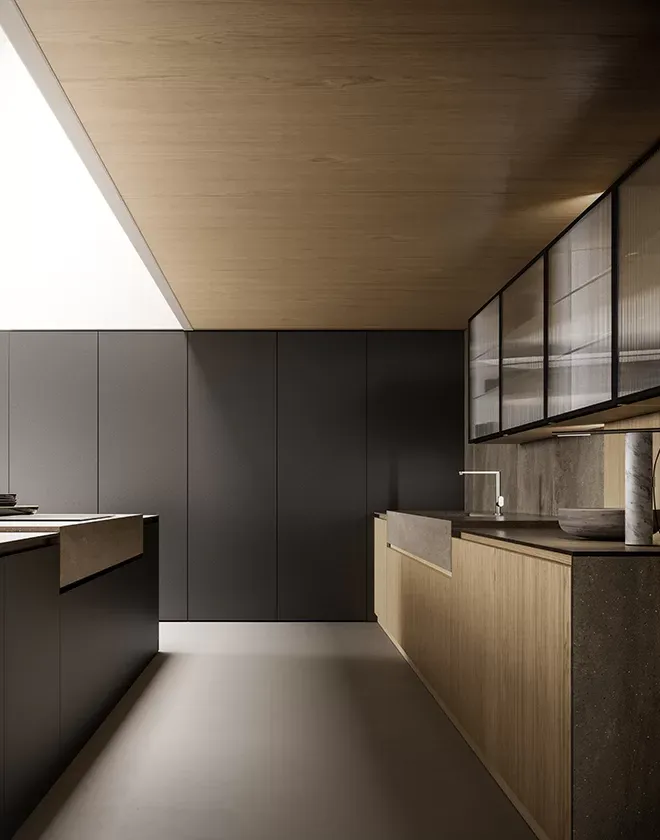 Landhausküche in Anthrazit matt mit Eichenholz-Akzenten, Arbeitsplatte aus Granit von Pedini