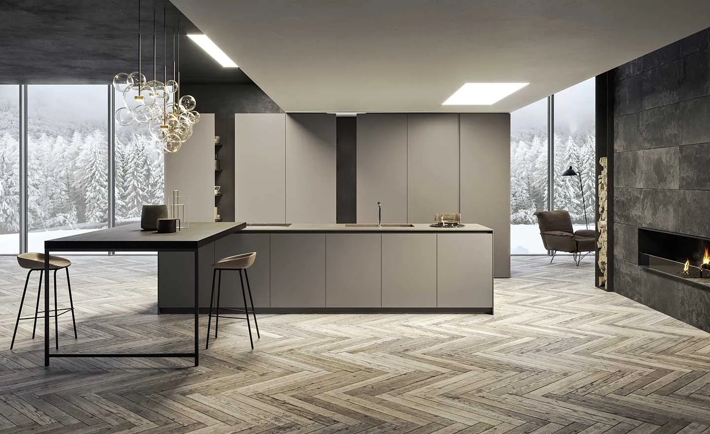 Moderne Küche mit Kochinsel in Beige/Taupe matt mit Arbeitsplatte aus Keramik Anthrazit matt von Pedini