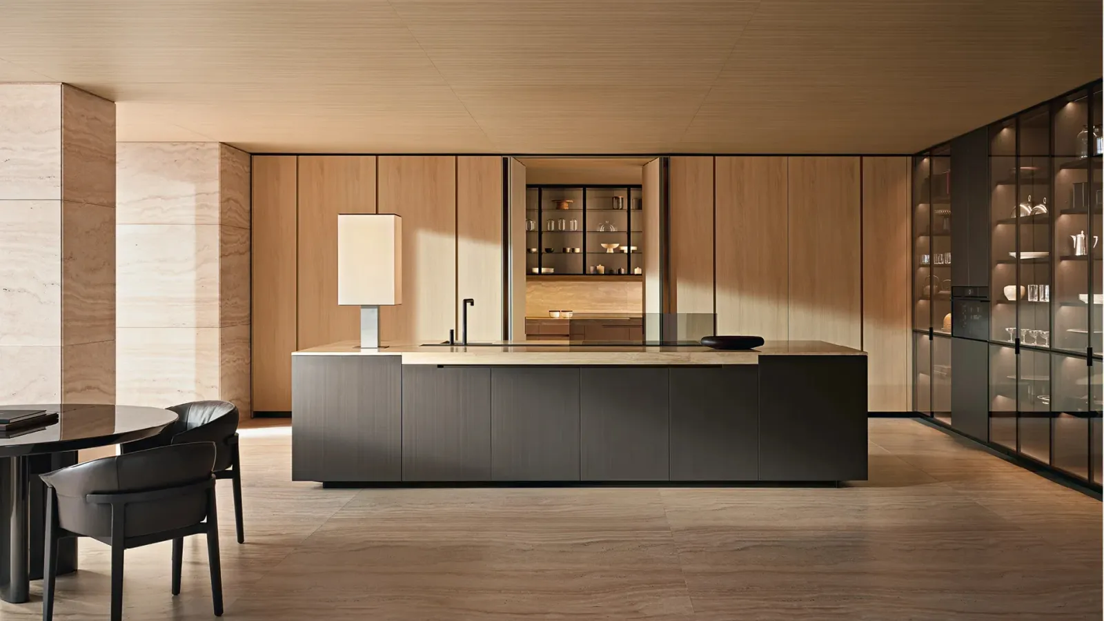 Moderne Küche in Weiß, Anthrazit, Nussbaum, Eichenholz mit Arbeitsplatte aus Keramik von Poliform (Varenna by Poliform)