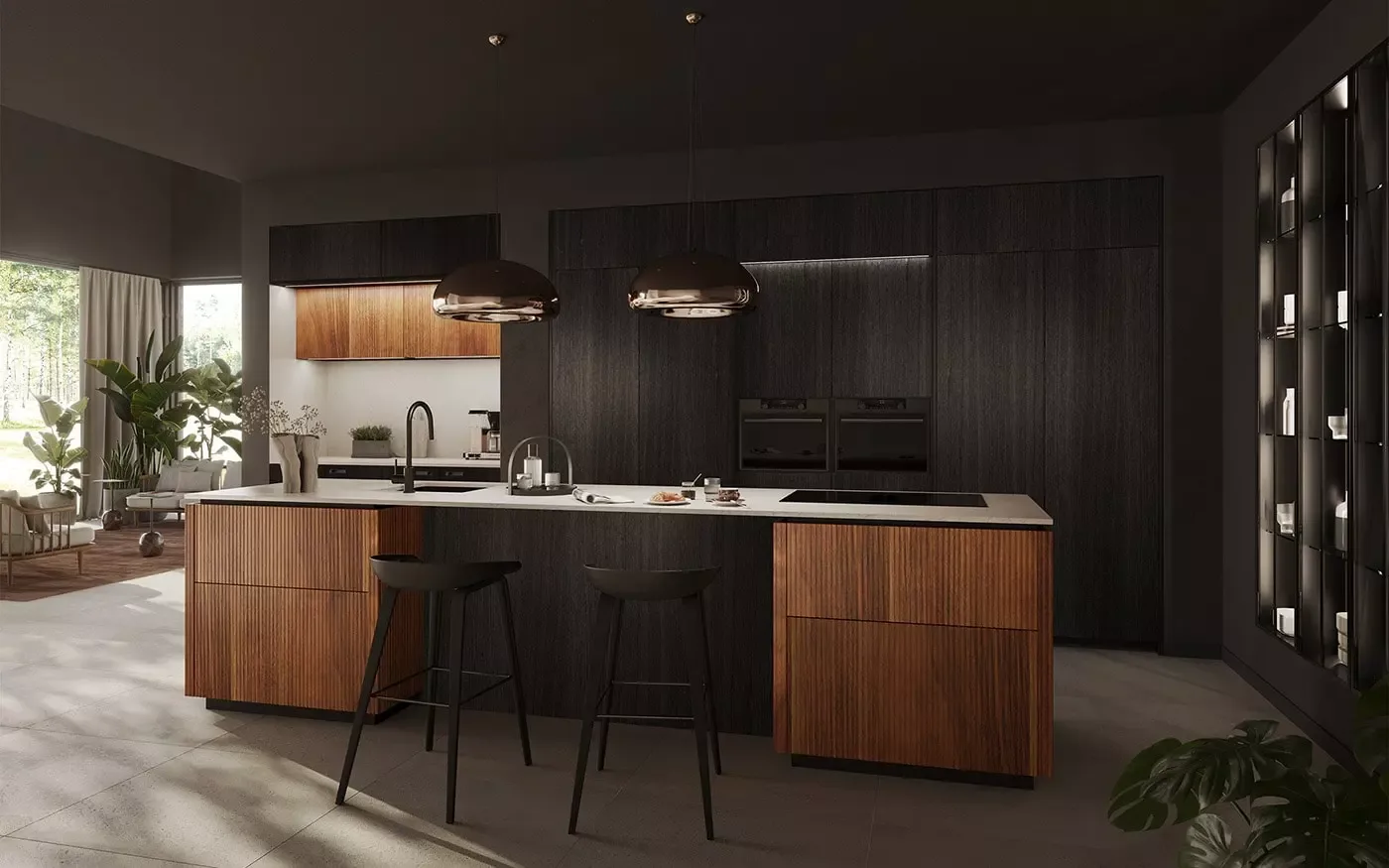 Rotpunkt Zerox HPL – Inselküche Schwarz matt – Schwarz mit Nussbaum-Holz