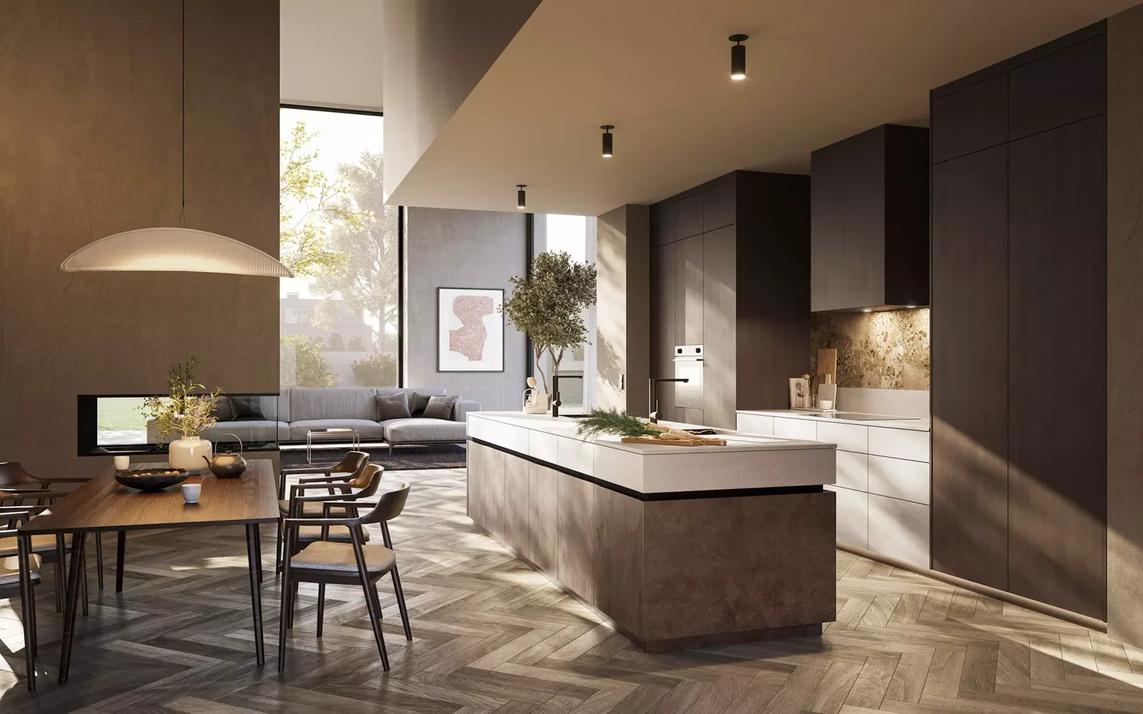 Rotpunkt Zerox HPL – Architekten-Inselküche Beton & Nussbaum – Weiß matt + Beton grau matt