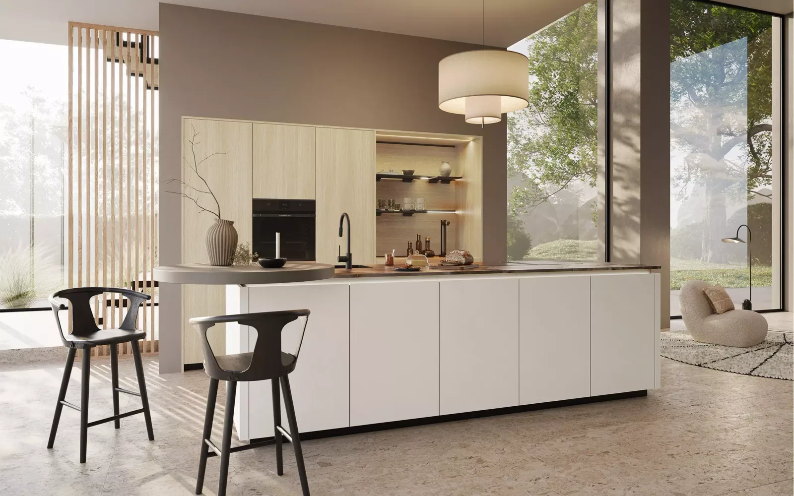 Rotpunkt Edition Terra – Designküche Lehm & Naturstein – Weiß matt mit Eiche natur