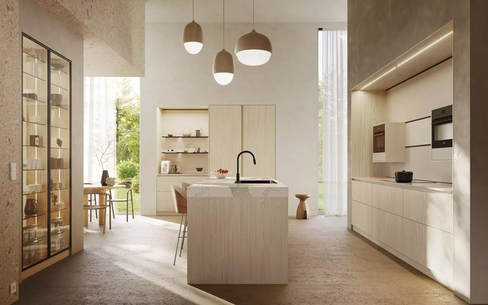 Rotpunkt Lyon – L-Küche Cashmere mit Holzakzent – Helles Holz natur