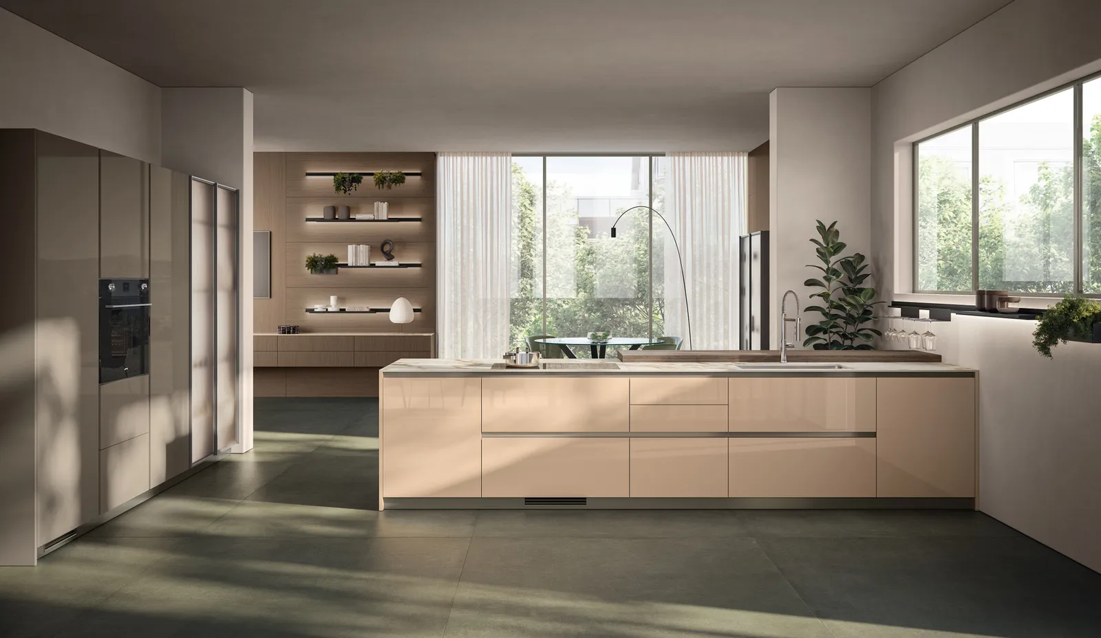Landhausküche mit Kochinsel in Beige/Apricot Hochglanz mit Arbeitsplatte aus Marmor-Optik hell von Scavolini