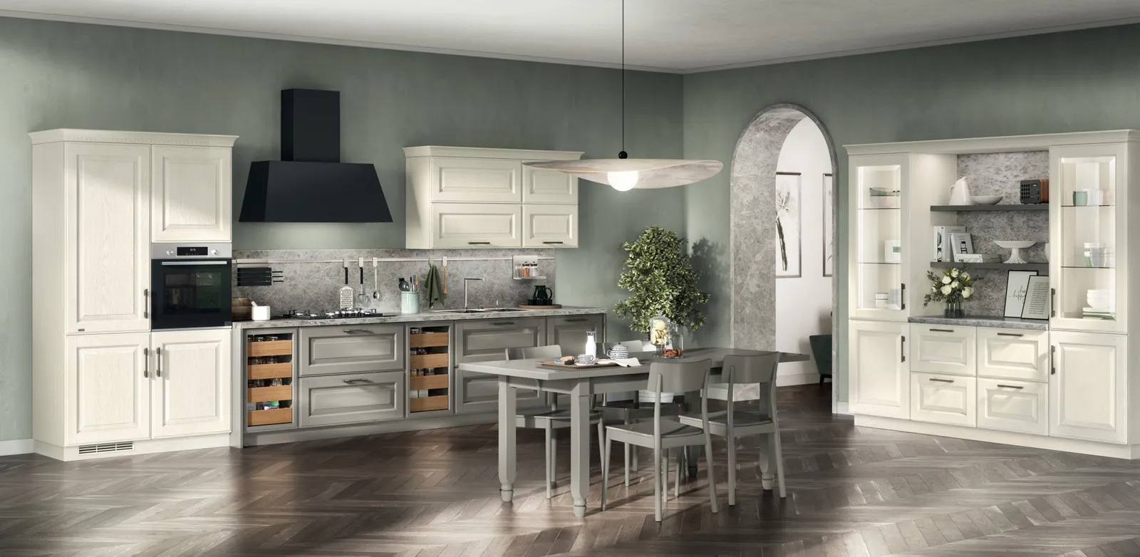 Moderne Küche in L-Form in Cremeweiß und Taupe-Grau matt mit Arbeitsplatte aus Quarzkomposit Carrara 20mm von Scavolini