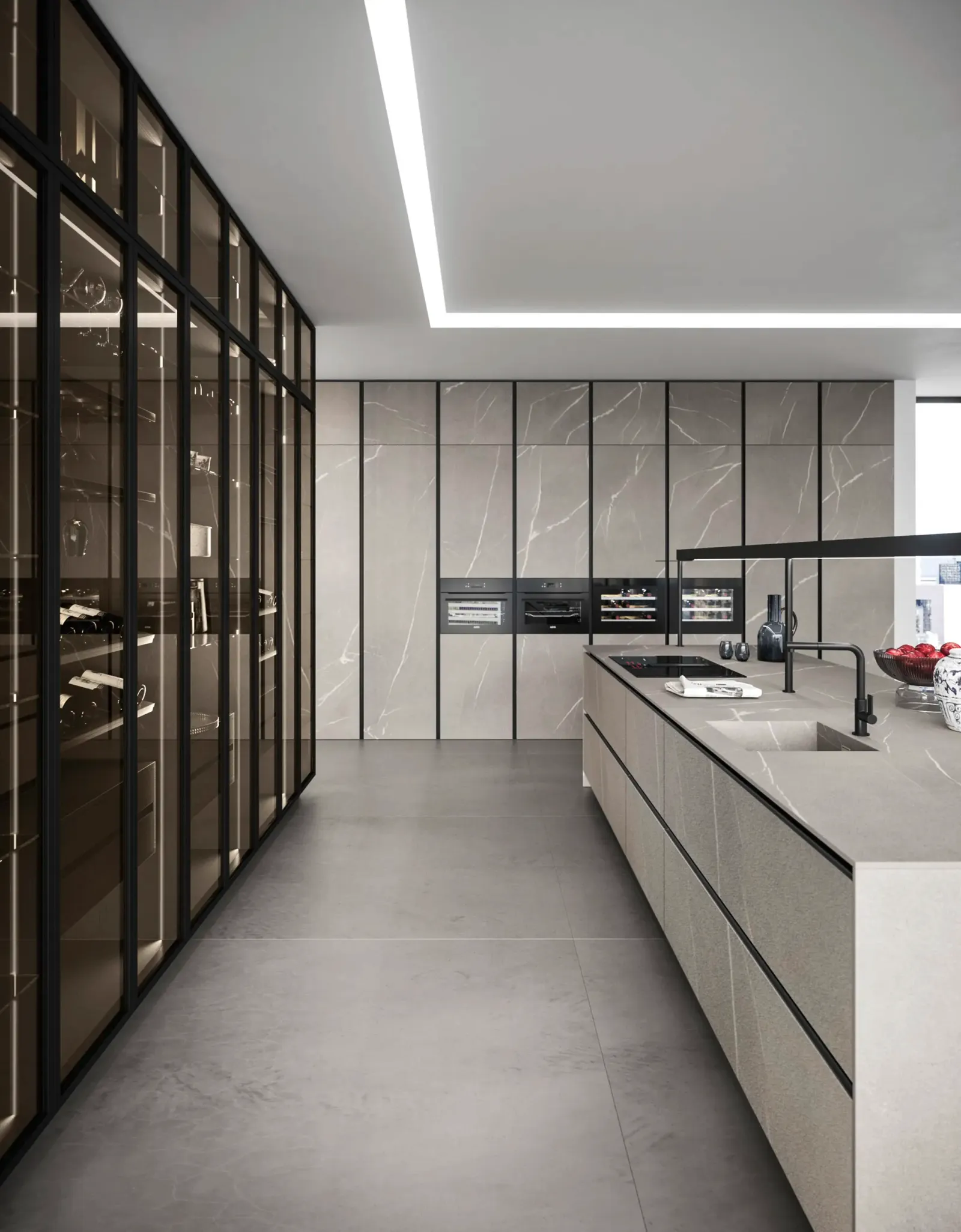 Minimalistische Küche mit Kochinsel in Piasentina Stone Keramik mit Arbeitsplatte aus Keramik von Snaidero