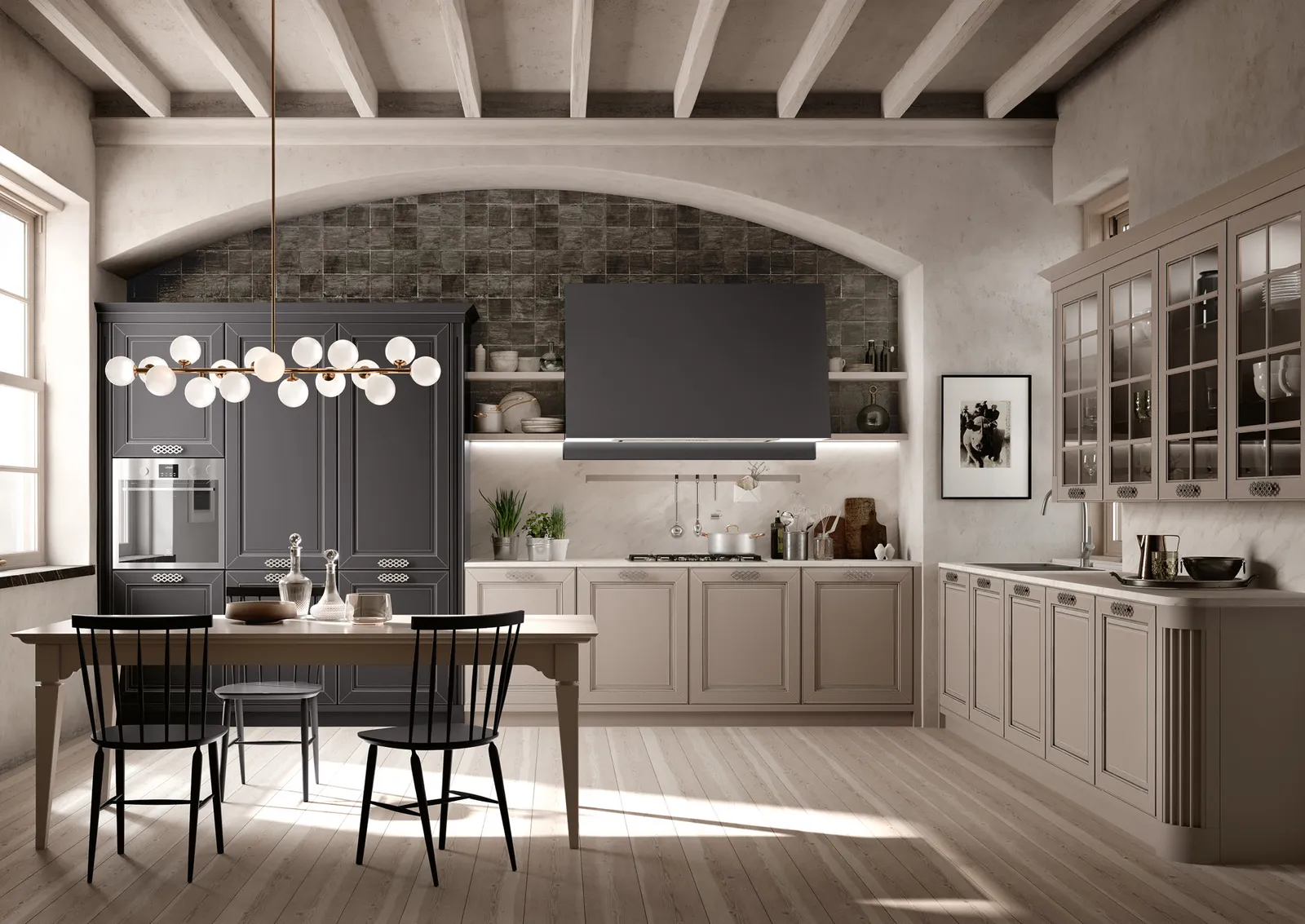 Klassische Küche in L-Form in Grau dunkel matt + Beige-Greige matt mit Arbeitsplatte aus Marmor weiß geädert von Stosa Cucine