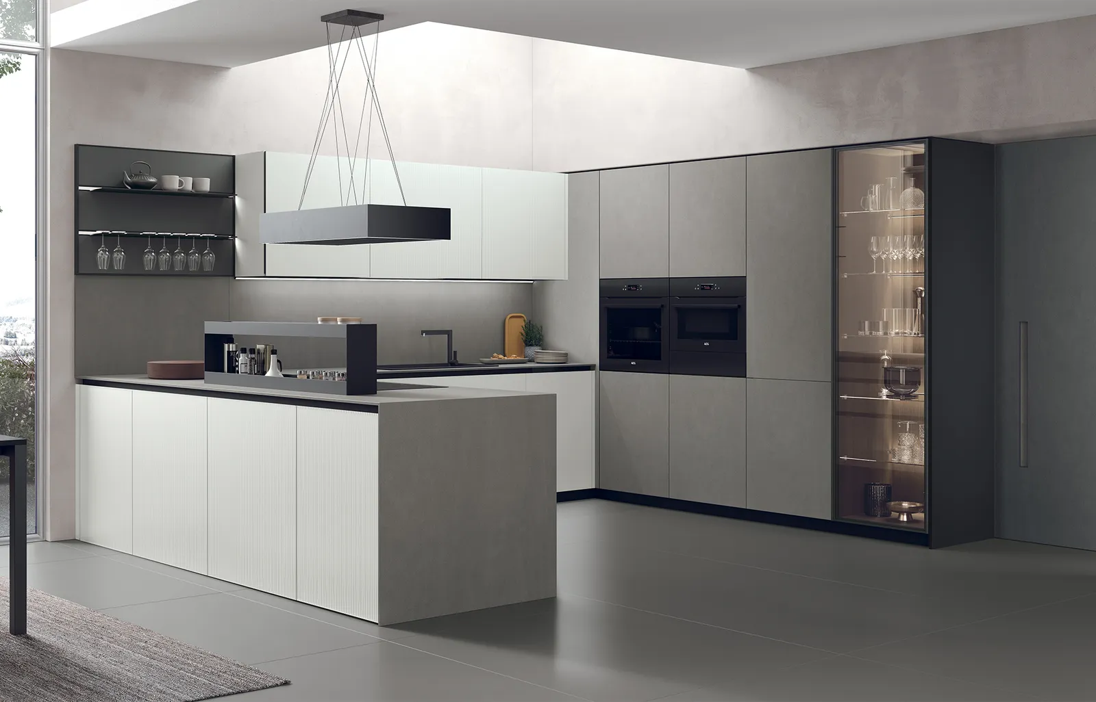 Minimalistische Küche in Weiß matt / Grau matt / Anthrazit matt mit Arbeitsplatte aus Keramik grau matt von Stosa Cucine