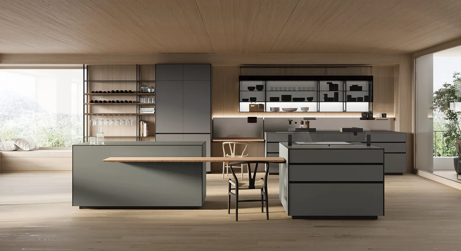 Moderne Küche in Graugrün matt mit Arbeitsplatte aus Keramik Betonoptik hellgrau von Valcucine