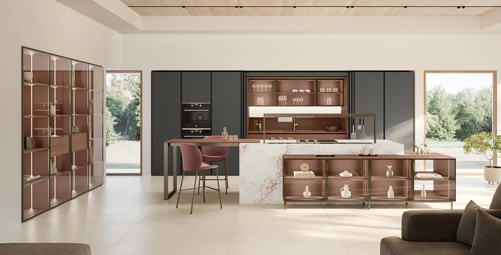 Hochglanz-Küche in Anthrazit matt, Terracotta mit Arbeitsplatte aus Marmor von Veneta Cucine