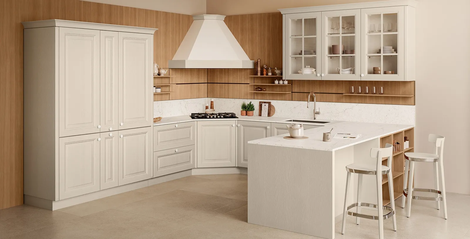 Moderne Küche in Creme UT102 matt mit Arbeitsplatte aus Quarzkomposit Sahara beige 20mm von Veneta Cucine