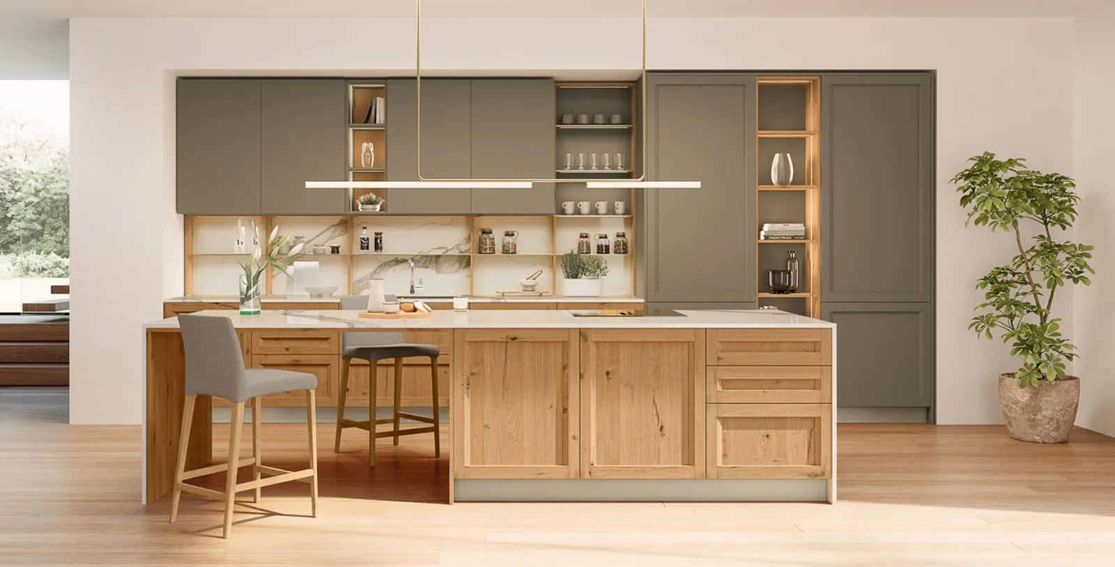 Moderne Küche mit Kochinsel in Sandgrau mit Eiche natur, Arbeitsplatte aus Schichtstoff Beton hell 39mm von Veneta Cucine