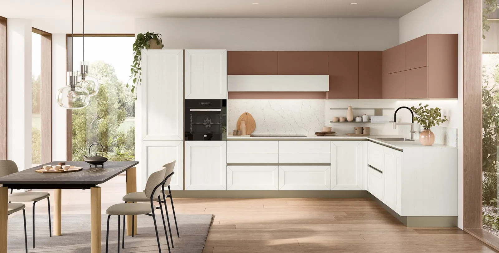 Moderne Küche in L-Form in Creme/Weiß mit Terracotta, Arbeitsplatte aus Quarzkomposit Weiß mit Marmor-Äderung 39mm von Veneta Cucine
